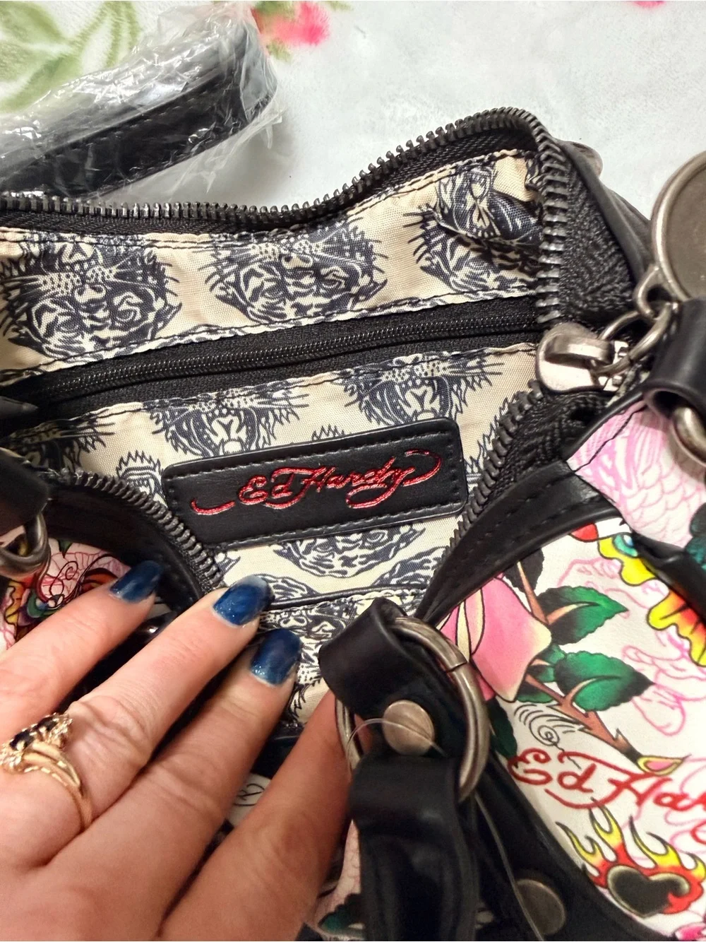 Ed Hardy Pink Floral & Skull Tattoo-Print Satchel with Black Trim